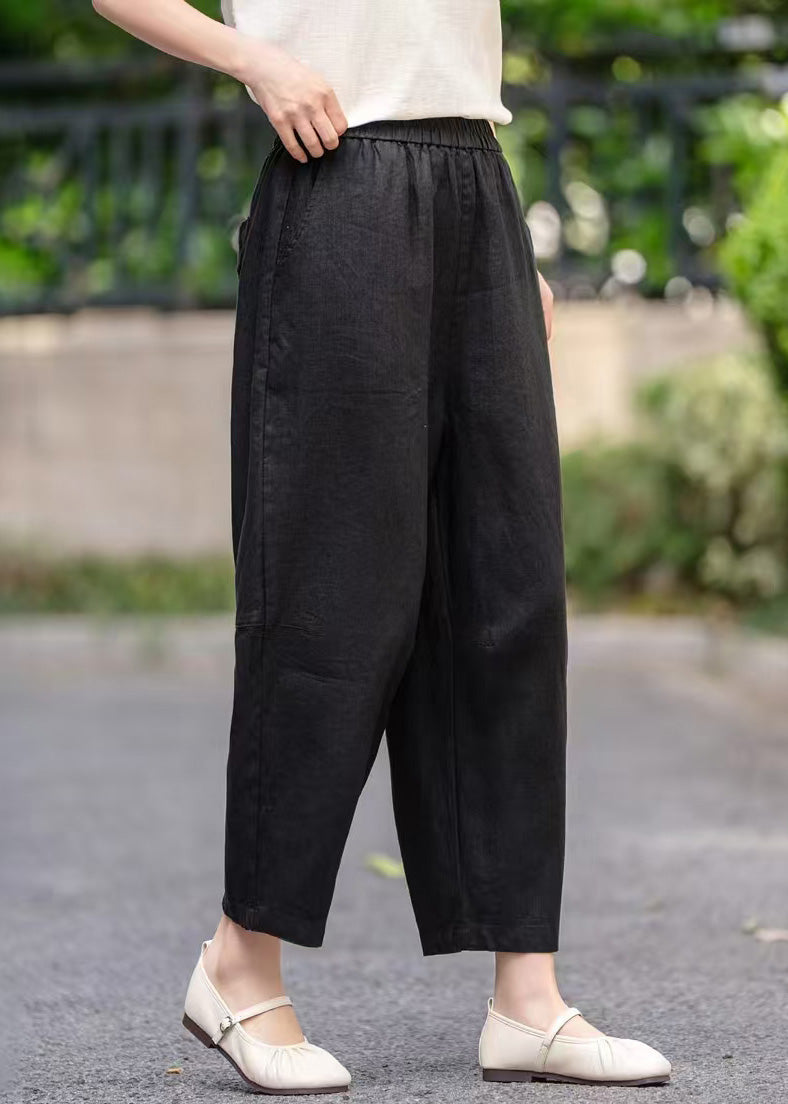 Women Purple Pockets Elastic Waist Linen Crop Pants Summer