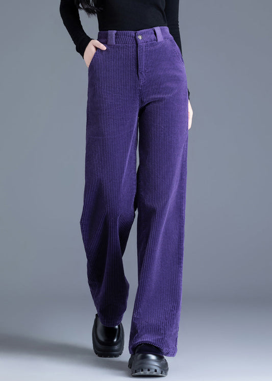 Damen Lila Cordhose mit Taschen, hoher Taille, gerader Schnitt, Frühling