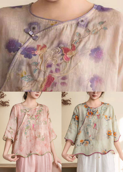 Women Purple Print Button Linen Shirt Summer