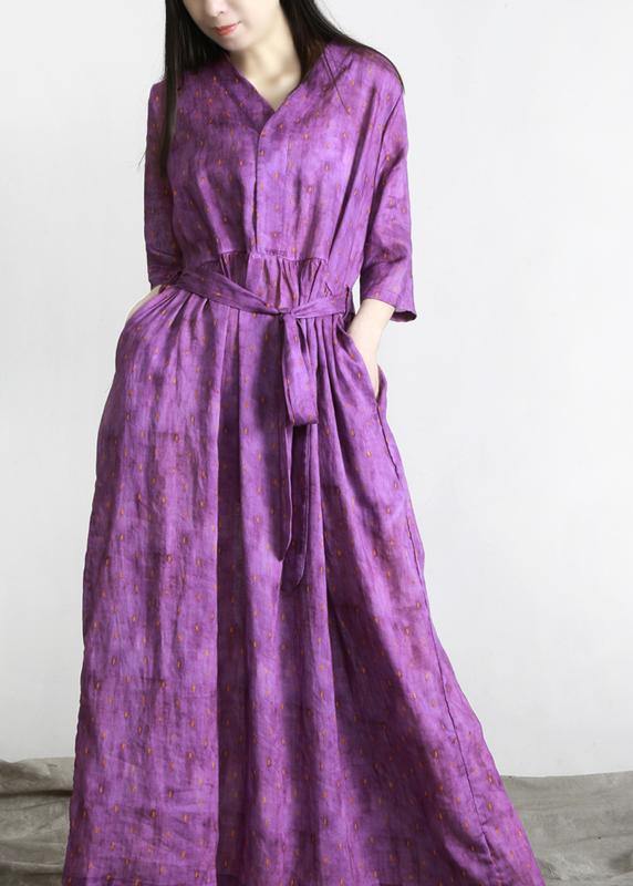 Women Purple Print Linen tie waist Summer Robe Dresses - SooLinen