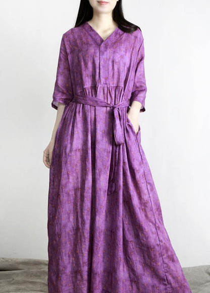 Women Purple Print Linen tie waist Summer Robe Dresses - SooLinen