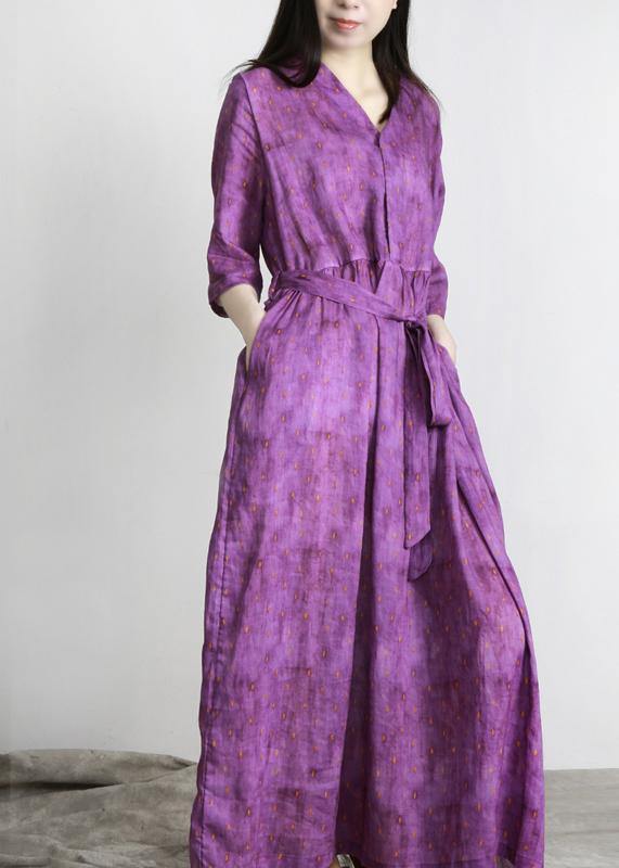 Women Purple Print Linen tie waist Summer Robe Dresses - SooLinen