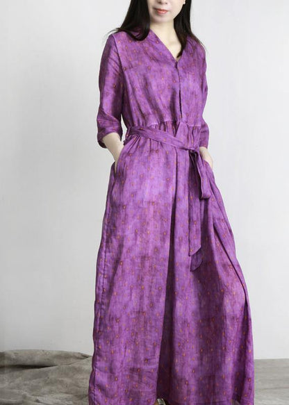 Women Purple Print Linen tie waist Summer Robe Dresses - SooLinen