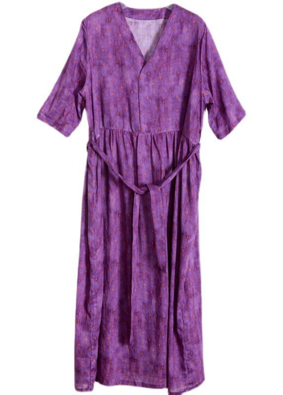 Women Purple Print Linen tie waist Summer Robe Dresses - SooLinen