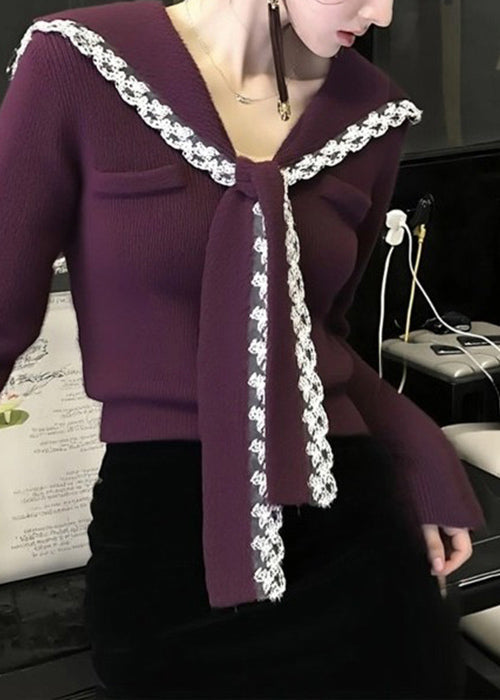 Suéter de punto con cuello marinero morado y retazos de encaje para mujer para invierno