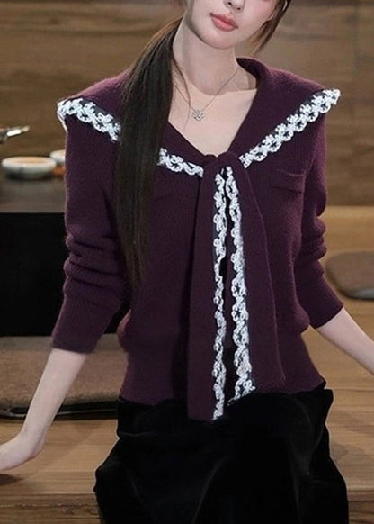 Women Purple Sailor Collar Lace Patchwork Knit Sweater Winter