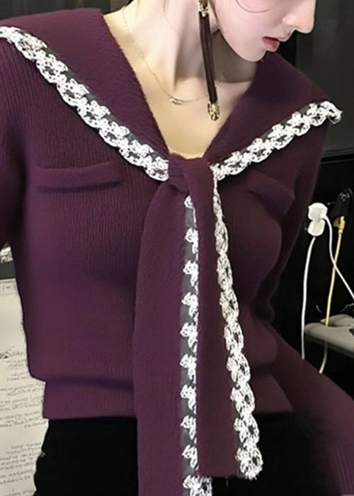 Women Purple Sailor Collar Lace Patchwork Knit Sweater Winter