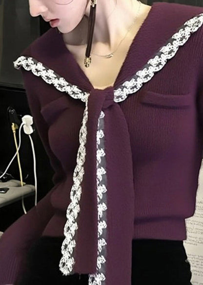 Women Purple Sailor Collar Lace Patchwork Knit Sweater Winter