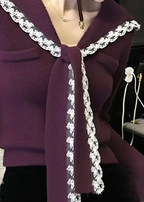 Women Purple Sailor Collar Lace Patchwork Knit Sweater Winter