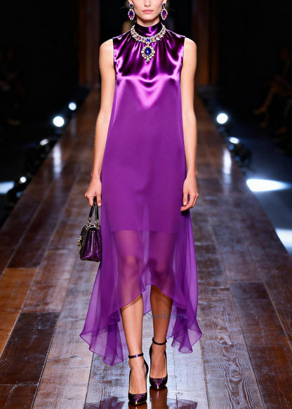 Women Purple Stand Collar Asymmetrical Design Chiffon Dresses Sleeveless