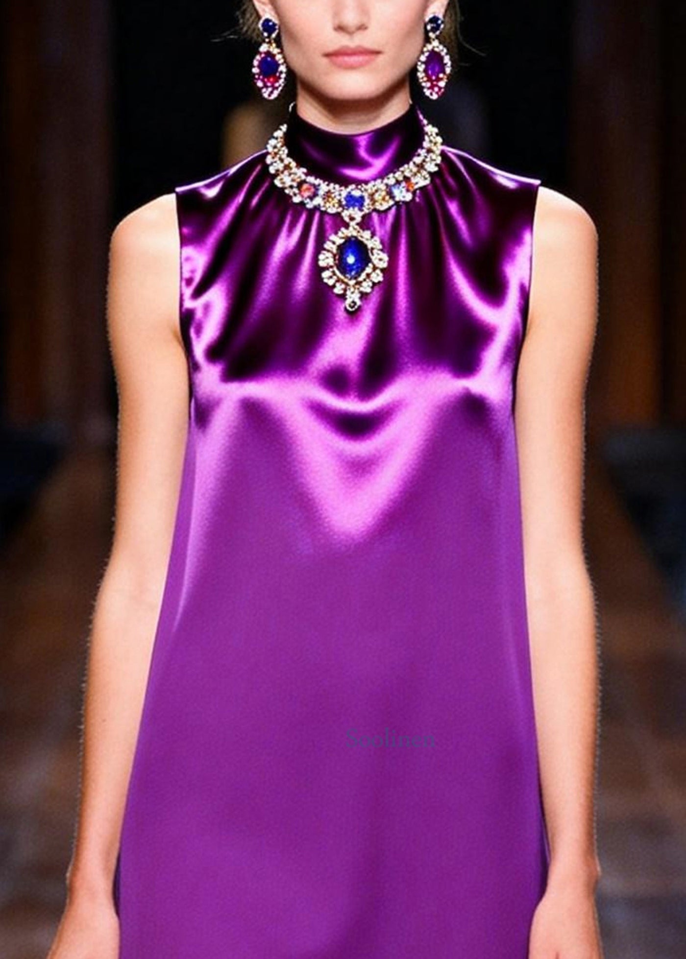 Women Purple Stand Collar Asymmetrical Design Chiffon Dresses Sleeveless