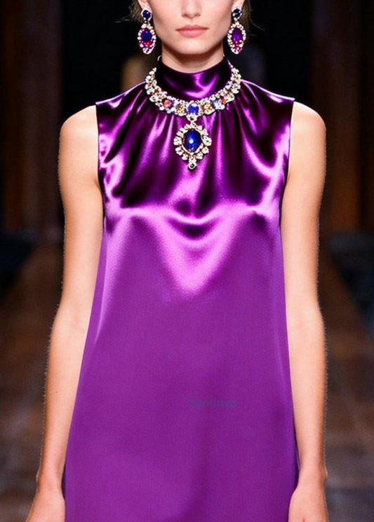 Women Purple Stand Collar Asymmetrical Design Chiffon Dresses Sleeveless