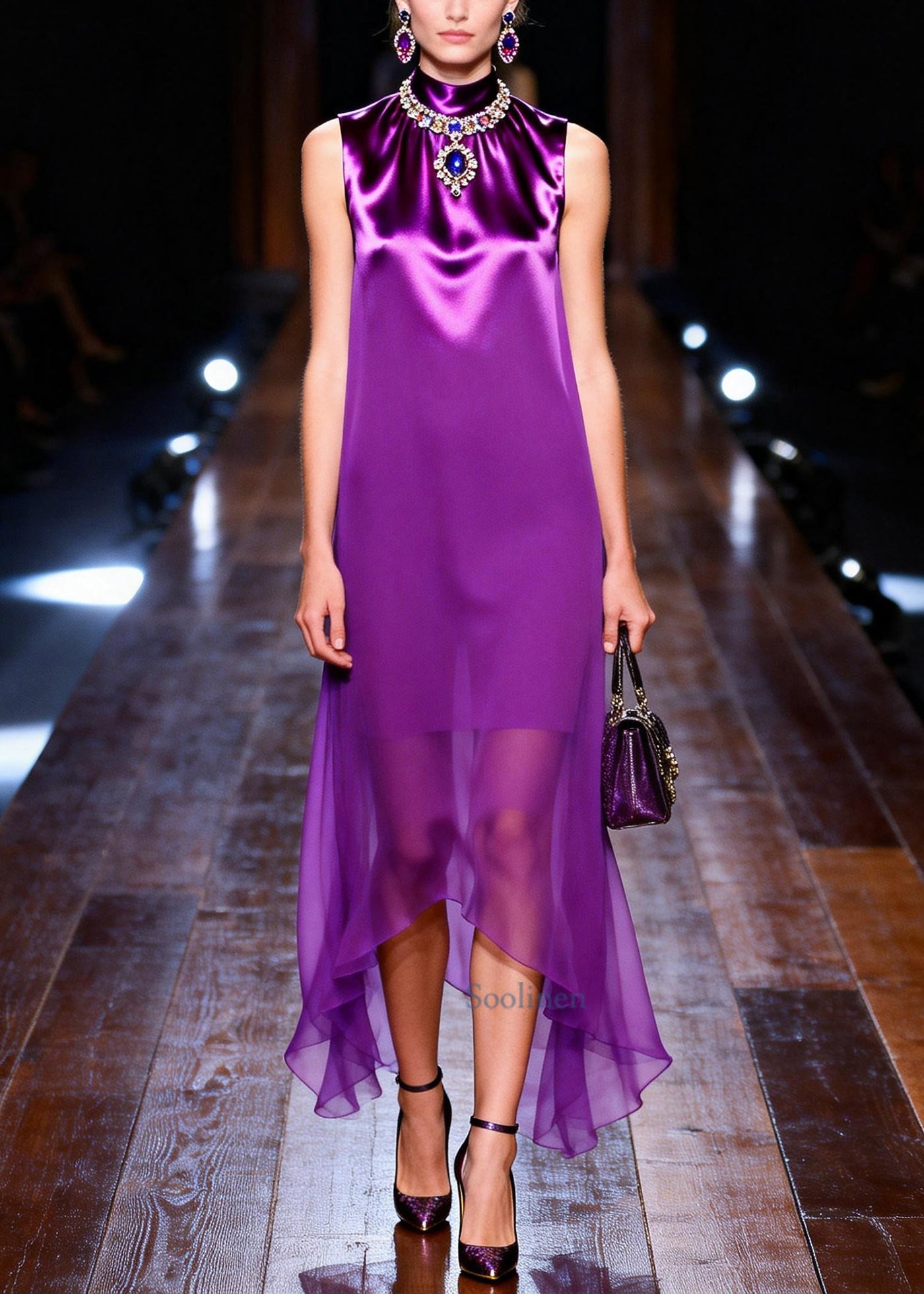 Women Purple Stand Collar Asymmetrical Design Chiffon Dresses Sleeveless