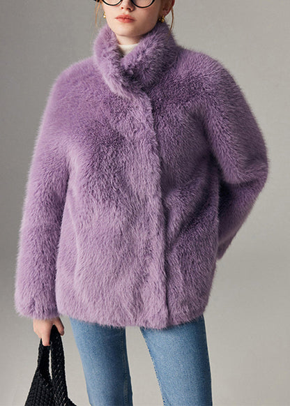 Abrigos de piel y cuero liso con cuello alto morado para mujer, para invierno