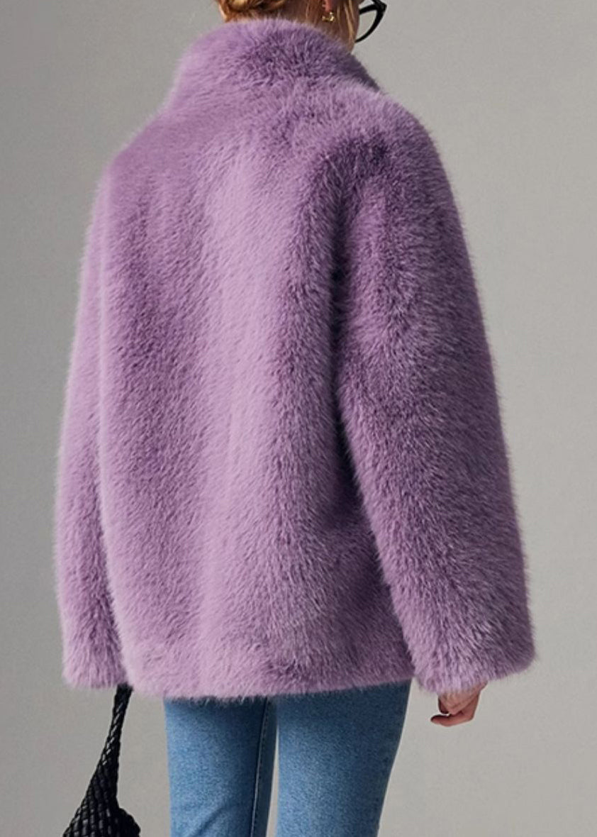 Abrigos de piel y cuero liso con cuello alto morado para mujer, para invierno