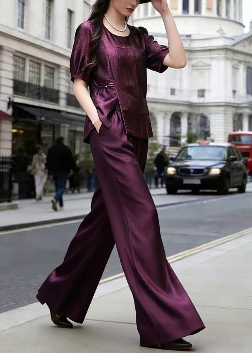 Women Purple Top And Wide Leg Pants Silk Two Piece Set Summer