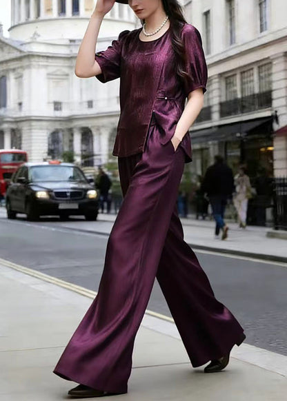 Women Purple Top And Wide Leg Pants Silk Two Piece Set Summer