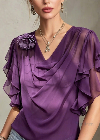 Women Purple Turtle Neck Floral Chiffon Shirts Butterfly Sleeve