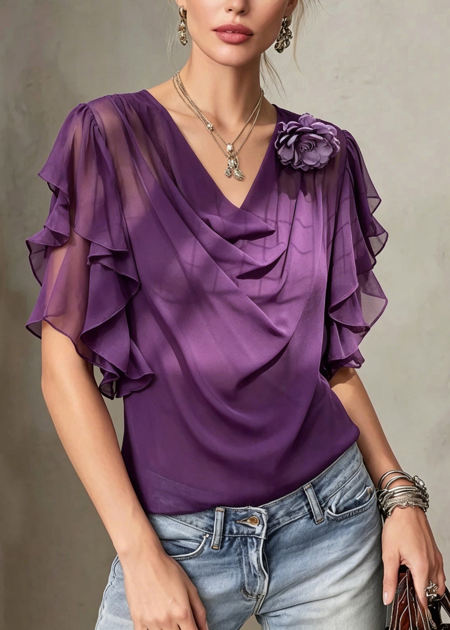 Women Purple Turtle Neck Floral Chiffon Shirts Butterfly Sleeve