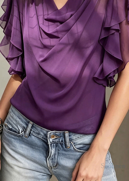Women Purple Turtle Neck Floral Chiffon Shirts Butterfly Sleeve