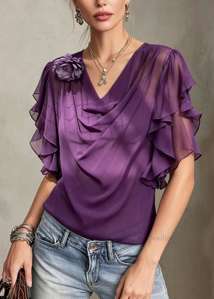 Women Purple Turtle Neck Floral Chiffon Shirts Butterfly Sleeve