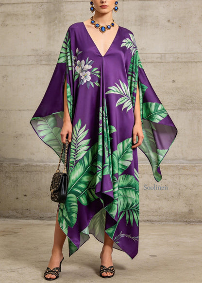 Women Purple V Neck Asymmetrical Design Print Chiffon Dress Summer