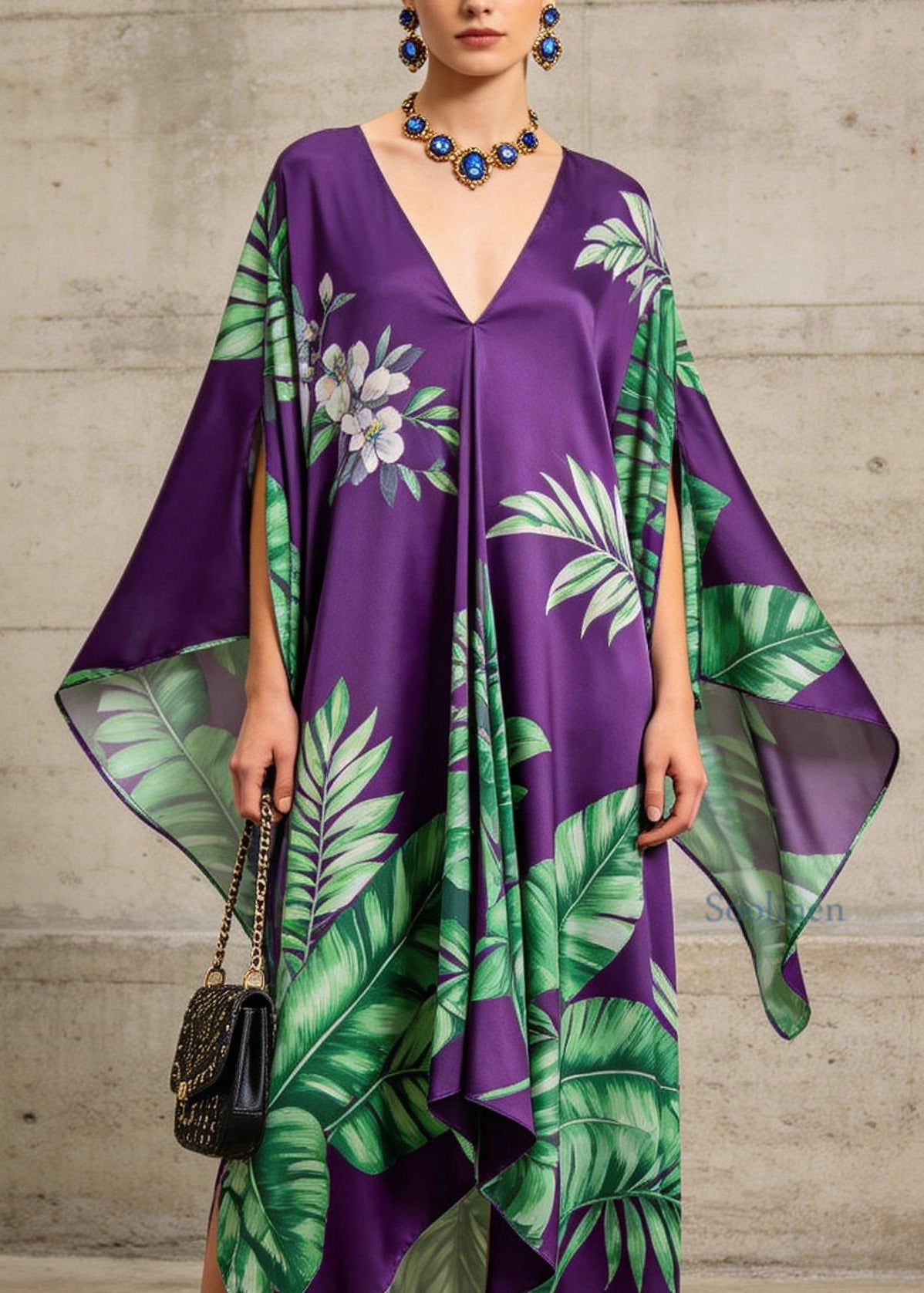 Women Purple V Neck Asymmetrical Design Print Chiffon Dress Summer