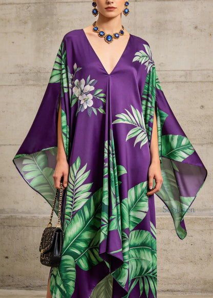 Women Purple V Neck Asymmetrical Design Print Chiffon Dress Summer