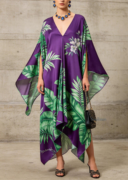 Women Purple V Neck Asymmetrical Design Print Chiffon Dress Summer