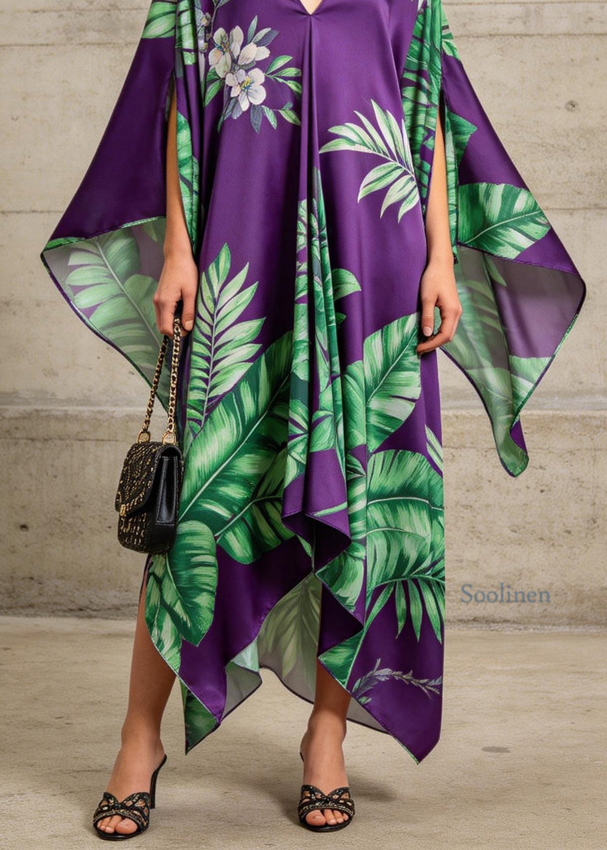 Women Purple V Neck Asymmetrical Design Print Chiffon Dress Summer