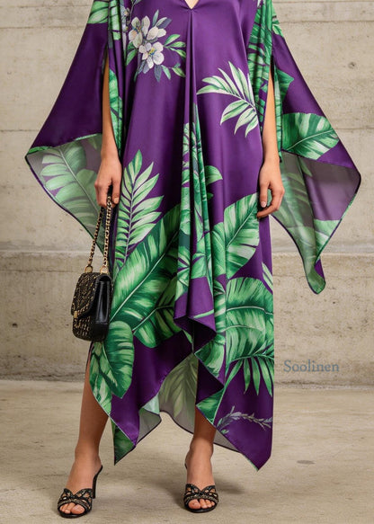 Women Purple V Neck Asymmetrical Design Print Chiffon Dress Summer