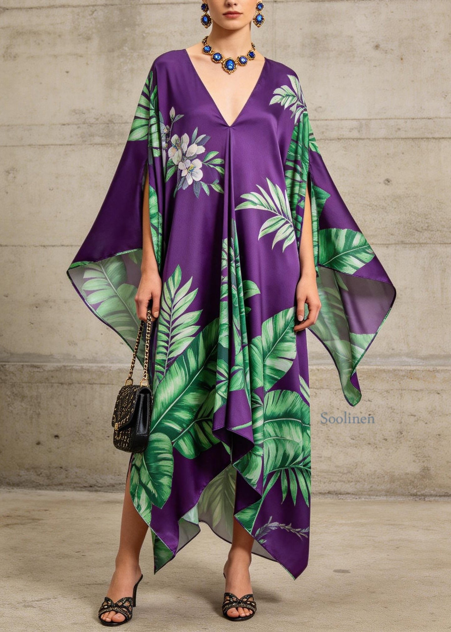 Women Purple V Neck Asymmetrical Design Print Chiffon Dress Summer