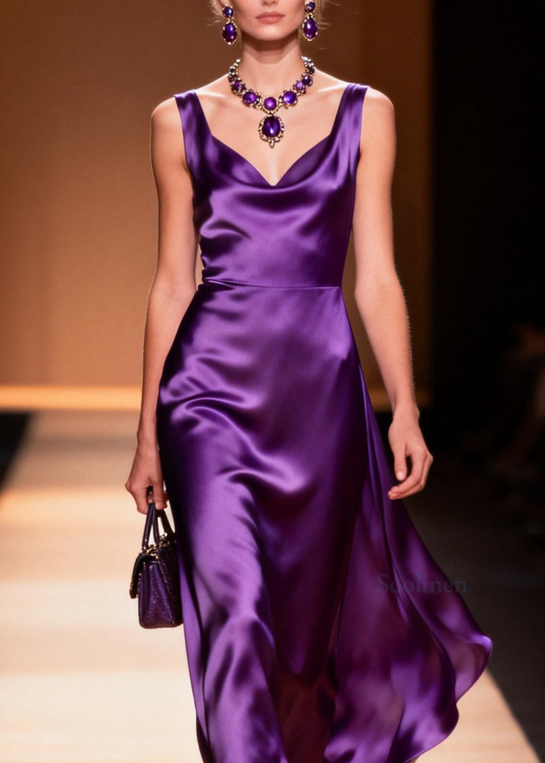 Women Purple V Neck Draping Silk Maxi Dresses Sleeveless