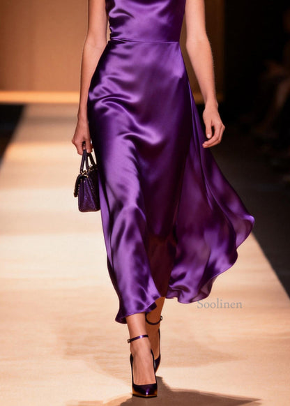 Women Purple V Neck Draping Silk Maxi Dresses Sleeveless