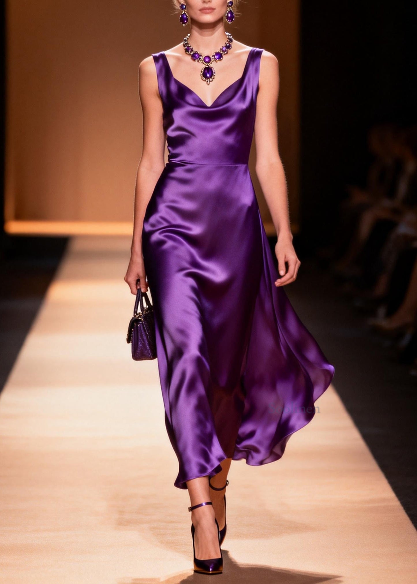 Women Purple V Neck Draping Silk Maxi Dresses Sleeveless