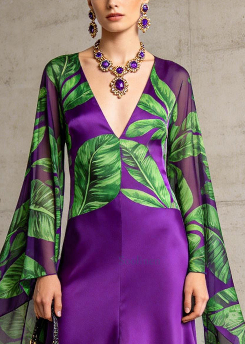 Women Purple V Neck Patchwork Print Chiffon Ankle Dress Flare Sleeve