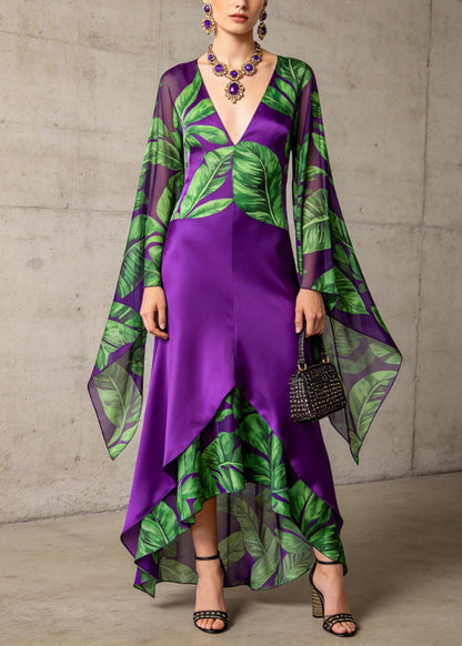 Women Purple V Neck Patchwork Print Chiffon Ankle Dress Flare Sleeve