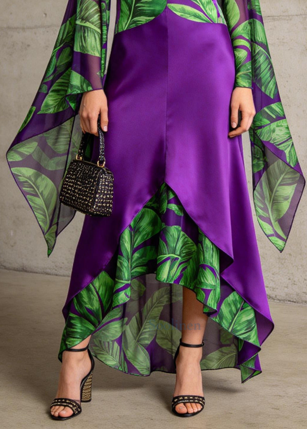 Women Purple V Neck Patchwork Print Chiffon Ankle Dress Flare Sleeve