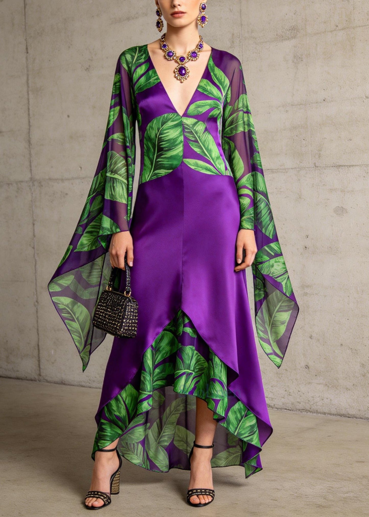 Women Purple V Neck Patchwork Print Chiffon Ankle Dress Flare Sleeve