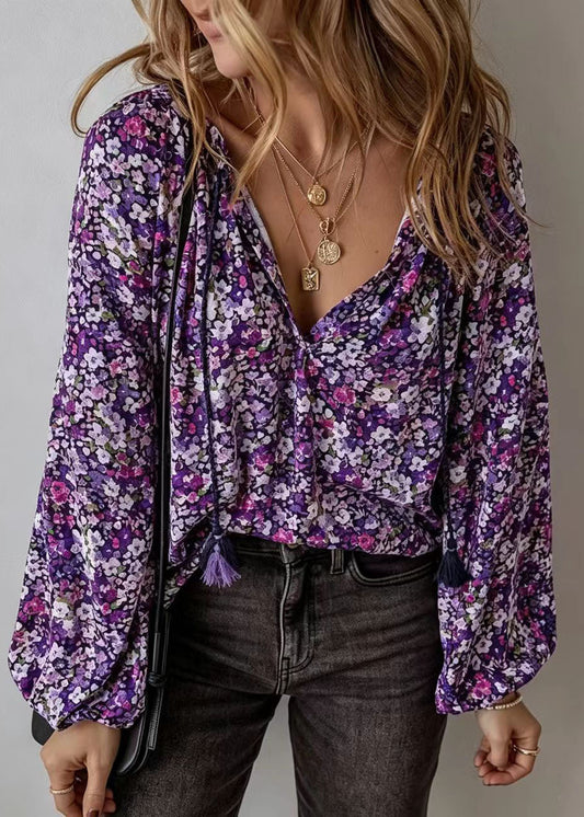 Women Purple V Neck Print Chiffon Shirt Long Sleeve