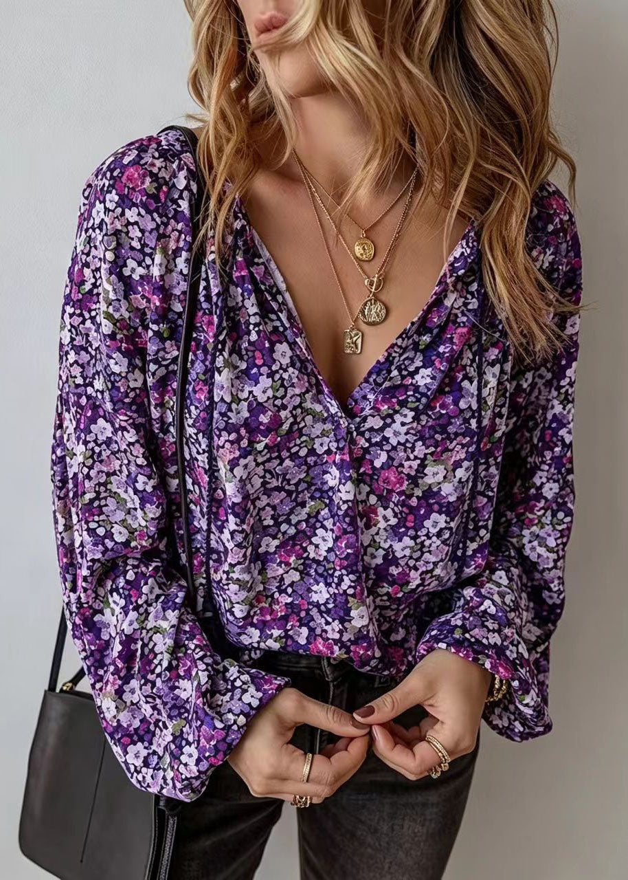 Women Purple V Neck Print Chiffon Shirt Long Sleeve