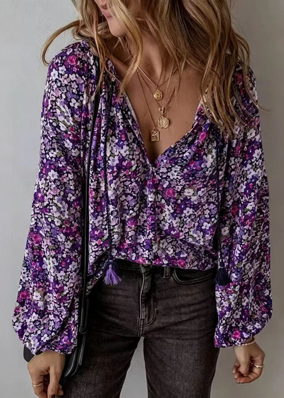 Women Purple V Neck Print Chiffon Shirt Long Sleeve