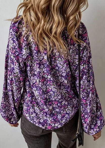 Women Purple V Neck Print Chiffon Shirt Long Sleeve
