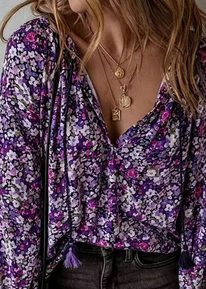 Women Purple V Neck Print Chiffon Shirt Long Sleeve