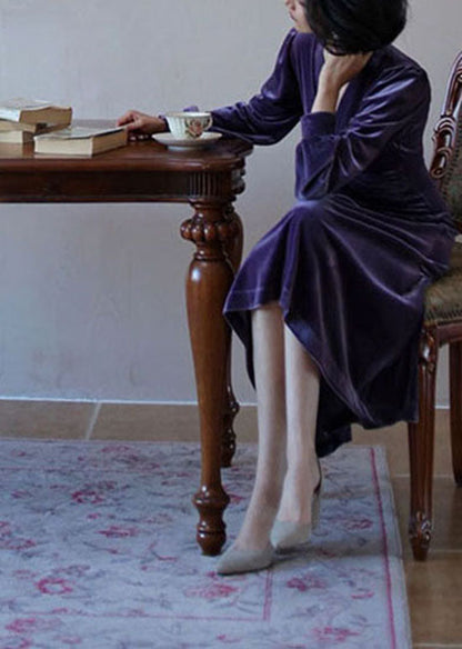 Lila V-Ausschnitt Slim Fit Seidenvelourskleider für Damen, Langarm