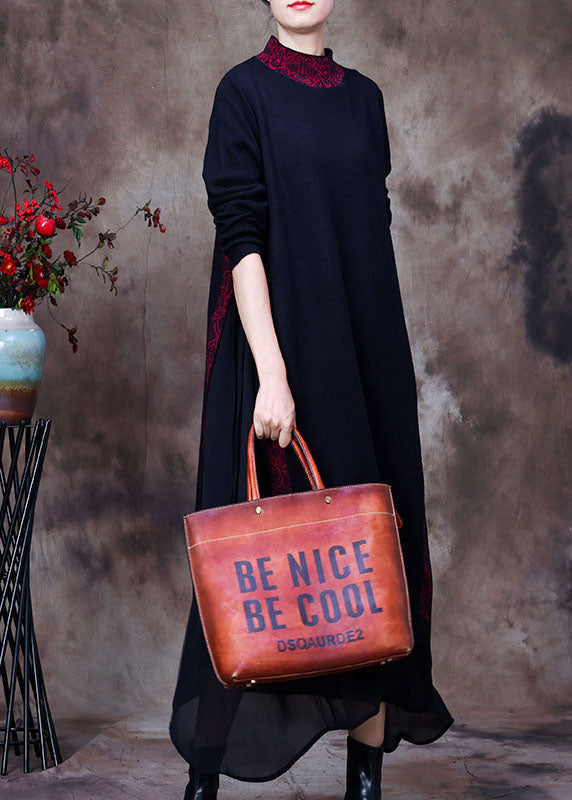 Frauen Lila schwarz O-Ausschnitt Seite offen Tüll Patchwork Strickkleider Frühling