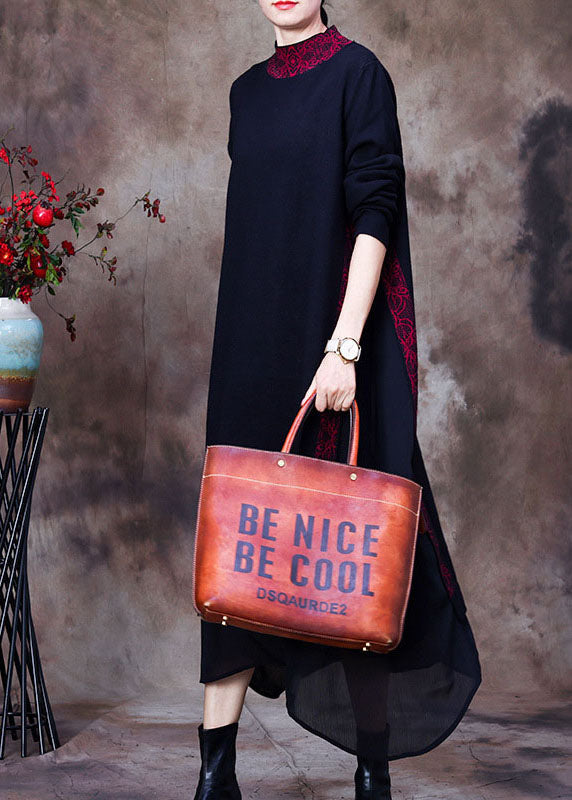 Frauen Lila schwarz O-Ausschnitt Seite offen Tüll Patchwork Strickkleider Frühling