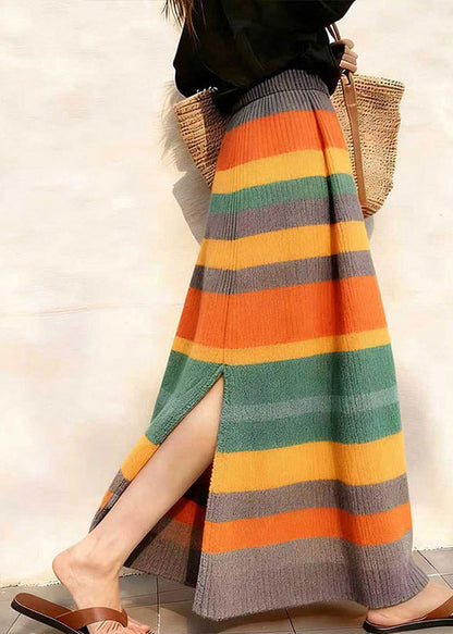Women Rainbow Elastic Waist Side Open Knit Skirt Winter