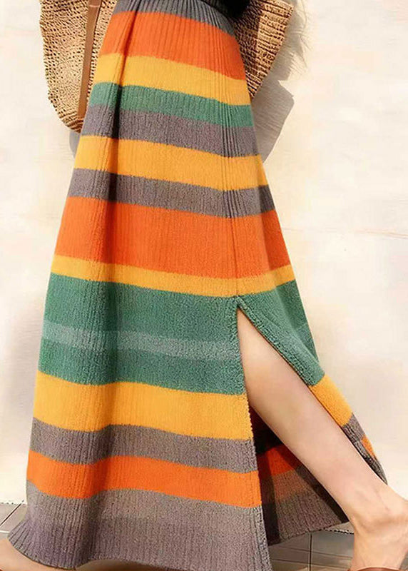 Women Rainbow Elastic Waist Side Open Knit Skirt Winter