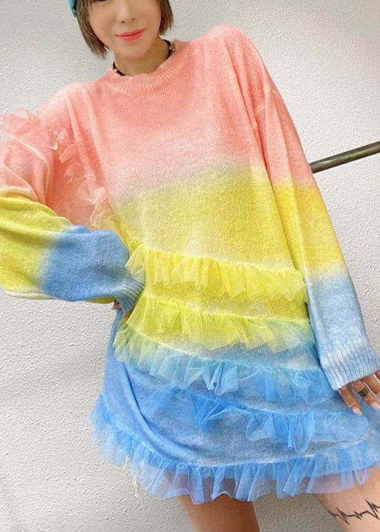 Damen Regenbogen O-Ausschnitt Rüschen Strick Herbst Lockerer langer Pullover